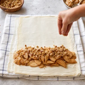 Spiced apple filling and toasted walnuts arranged on layered phyllo