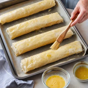 Unbaked apple strudels brushed with egg wash on a parchment-lined pan