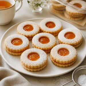 Finished apricot Linzer cookies dusted with powder