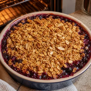Baked chokeberry almond crisp with golden toasted oats and bubbling purple filling