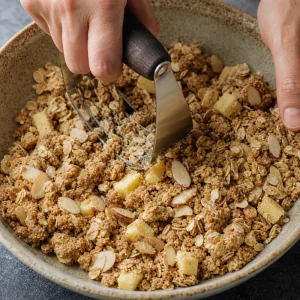 Cold butter worked into the oat almond topping until crumbly clumps form