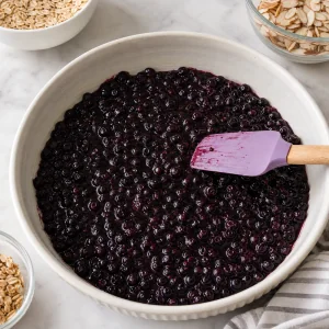 Glossy chokeberry filling spread evenly into a prepared shallow baking dish