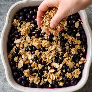 Oat almond crumble topping scattered over the chokeberry filling in the baking dish