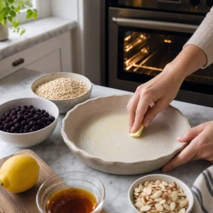 Shallow baking dish being buttered beside chokeberries, oats, almonds, lemon and maple syrup