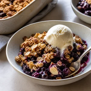 Warm chokeberry almond crisp served with a scoop of vanilla ice cream