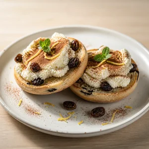 Finished ricotta raisin English muffins with cinnamon and mint