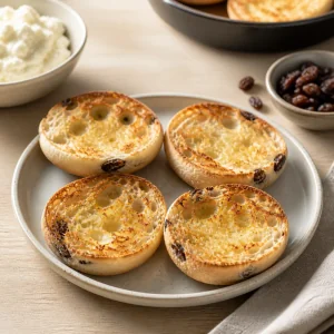 Golden toasted English muffin halves on a ceramic plate