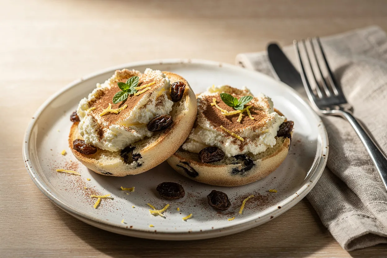 Low-Sugar English Muffin with Raisins and Warm Ricotta