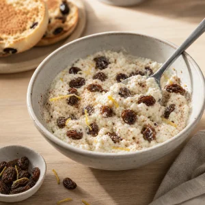 Raisins folded into warm ricotta with cinnamon flecks