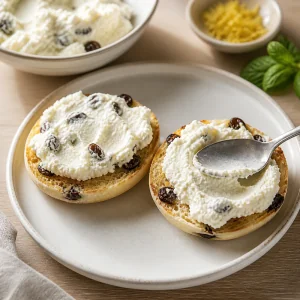 Ricotta and raisins spread over toasted English muffin halves