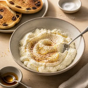 Ricotta mixed with cinnamon and lemon zest in a ceramic bowl
