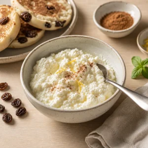 Warm ricotta in a ceramic bowl with toasted muffins nearby