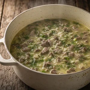 Cooked offal and fresh herbs stirred into rice broth