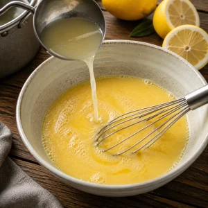 Egg and lemon avgolemono whisked with hot broth