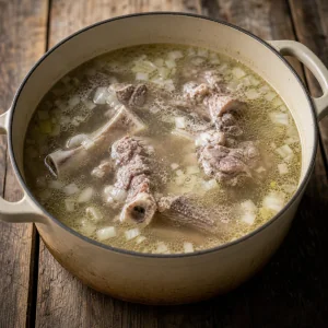 Lamb bones simmering with onion in broth
