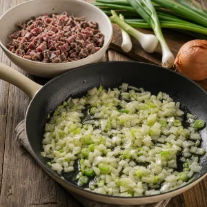 Onions and green onion whites softening in a skillet