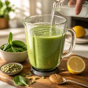 Acqua di cocco versata in un frullato verde cremoso