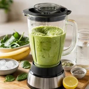 Frullato verde cremoso in un frullatore chiuso