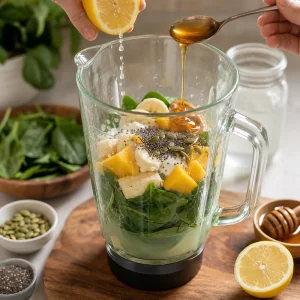 Succo di limone e miele aggiunti agli ingredienti del frullato