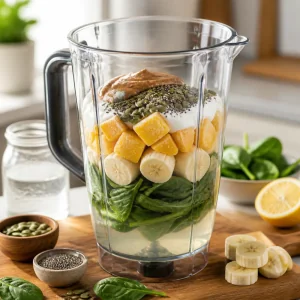 Ingredienti del frullato di spinaci a strati nel frullatore