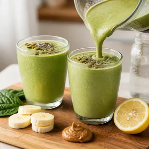 Due bicchieri di frullato verde con semi di zucca e chia