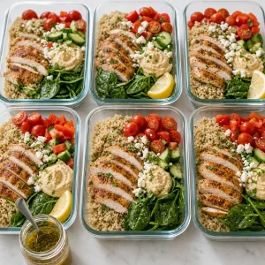 Chicken quinoa lunch bowls assembled in containers