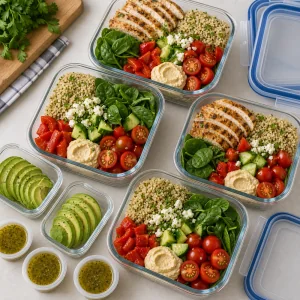 Meal prep lunch bowls packed with dressing cups