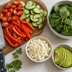 Sliced vegetables, feta, avocado, and spinach for bowls