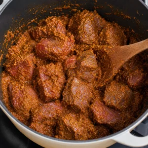 Kawałki wołowiny obtoczone pastą przyprawową rendang