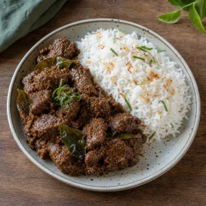 Rendang wołowy podany z ryżem kokosowym