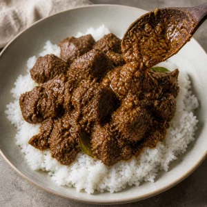 Rendang wołowy nakładany na ciepły ryż kokosowy