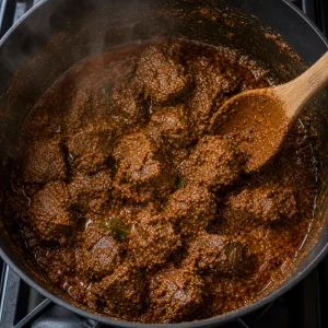 Gęsty sos rendang oblepiający kawałki wołowiny