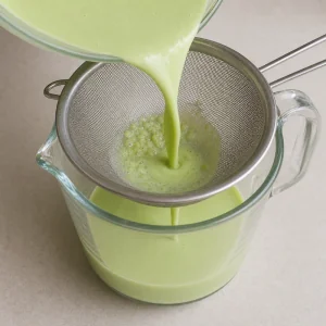 Masa verde de pandan colada por un tamiz hacia una jarra