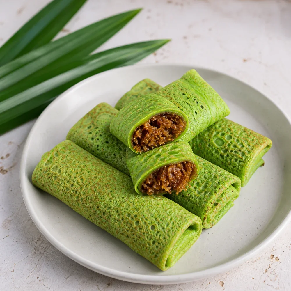 Crepes verdes de pandan rellenos de coco con azúcar de palma