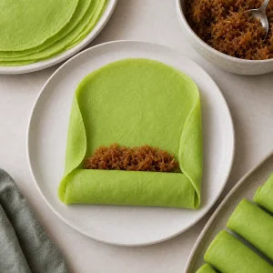 Crepe de pandan doblada alrededor del relleno de coco