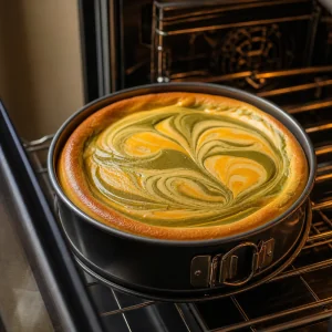 Gebackener Mango-Matcha-Cheesecake kühlt im Ofen ab