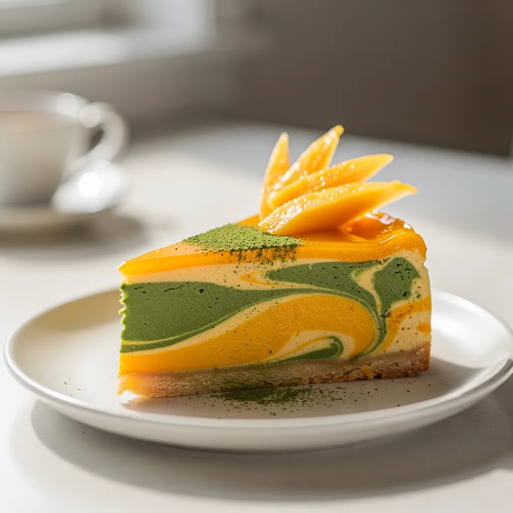 Mango-Matcha-Swirl Käsekuchen mit cremigen Schichten