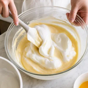Saure Sahne wird mit einem Spatel in helle Cheesecake-Masse gehoben