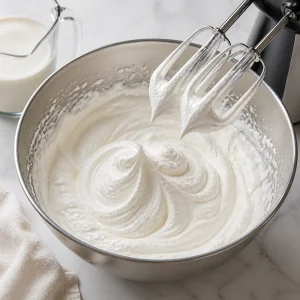 Creme de leite fresco batido até formar picos firmes em uma tigela.