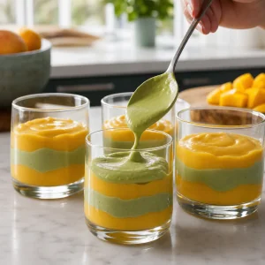Mousse de manga e matcha em camadas em copos transparentes.