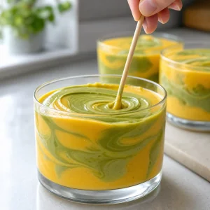 Mousse de manga e matcha mesclada com um palito em padrão marmorizado.