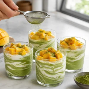 Copos de mousse de manga e matcha finalizados com manga fresca e matcha.