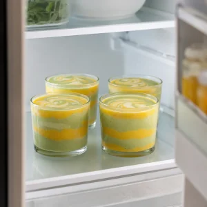 Copos de mousse mesclada de manga e matcha gelando na geladeira.