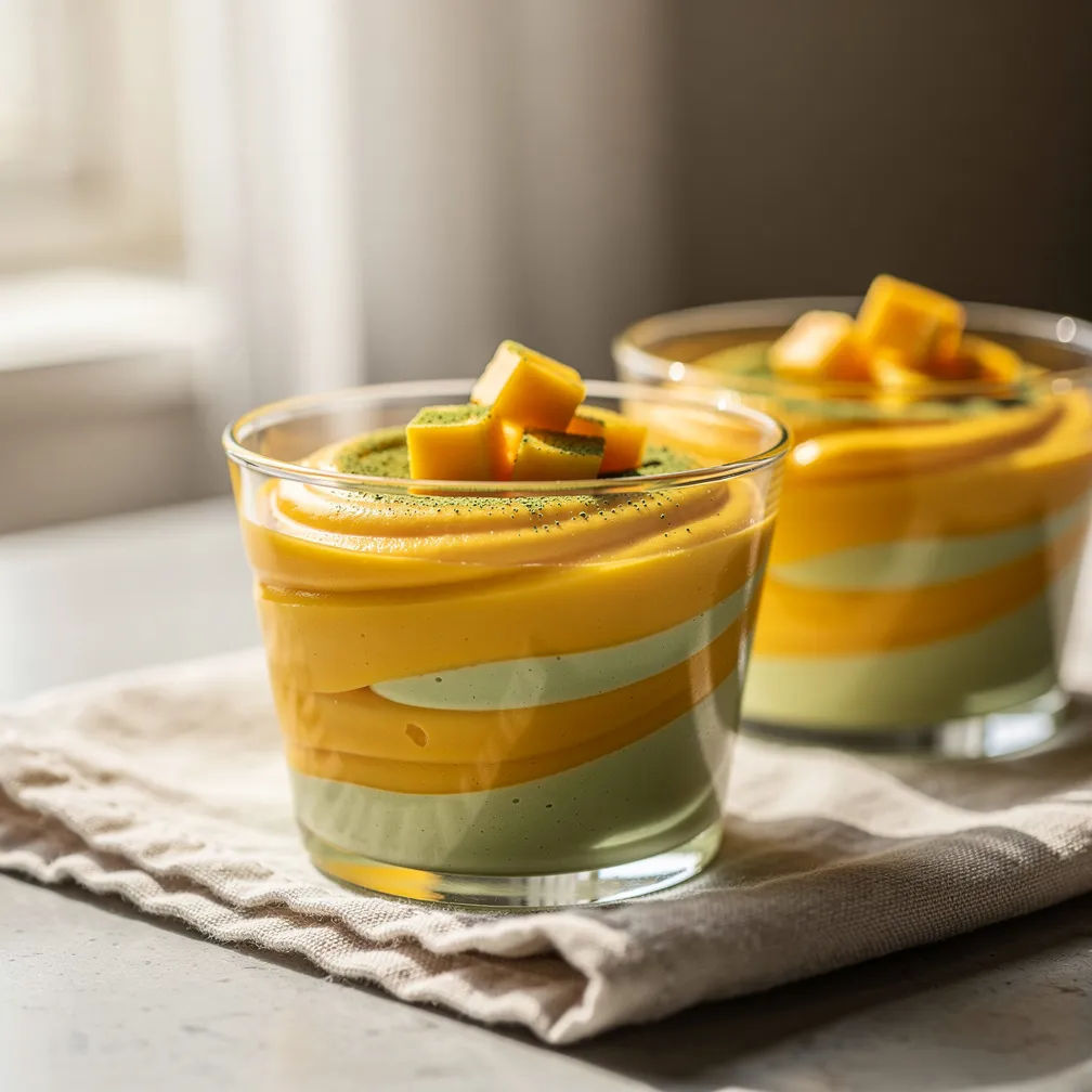 Taças de Mousse Matcha e Manga com Calda Swirl