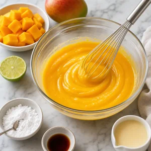 Purê de manga batido com limão, açúcar de confeiteiro, baunilha e leite condensado.