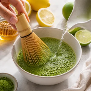 Matcha em pó batido com água quente até ficar liso.