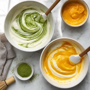 Chantilly incorporado à mistura de matcha com leite condensado.