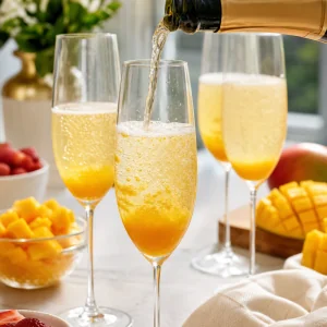 Champagner wird über Mangopüree gegossen und bildet Bläschen im Glas