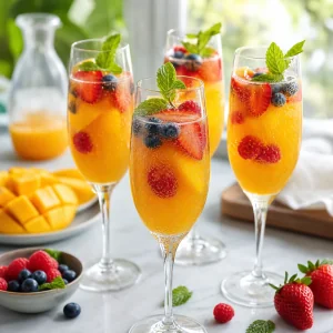 Mimosas de manga prontas com frutas frescas frutas vermelhas e hortelã em taças de champanhe