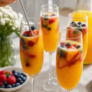 Frische Erdbeeren Blaubeeren und Himbeeren in Mango-Mimosas